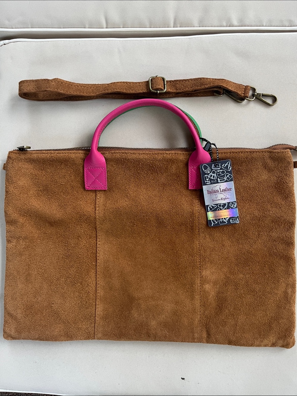 Suede Brown Tote Bag with Pink Handles